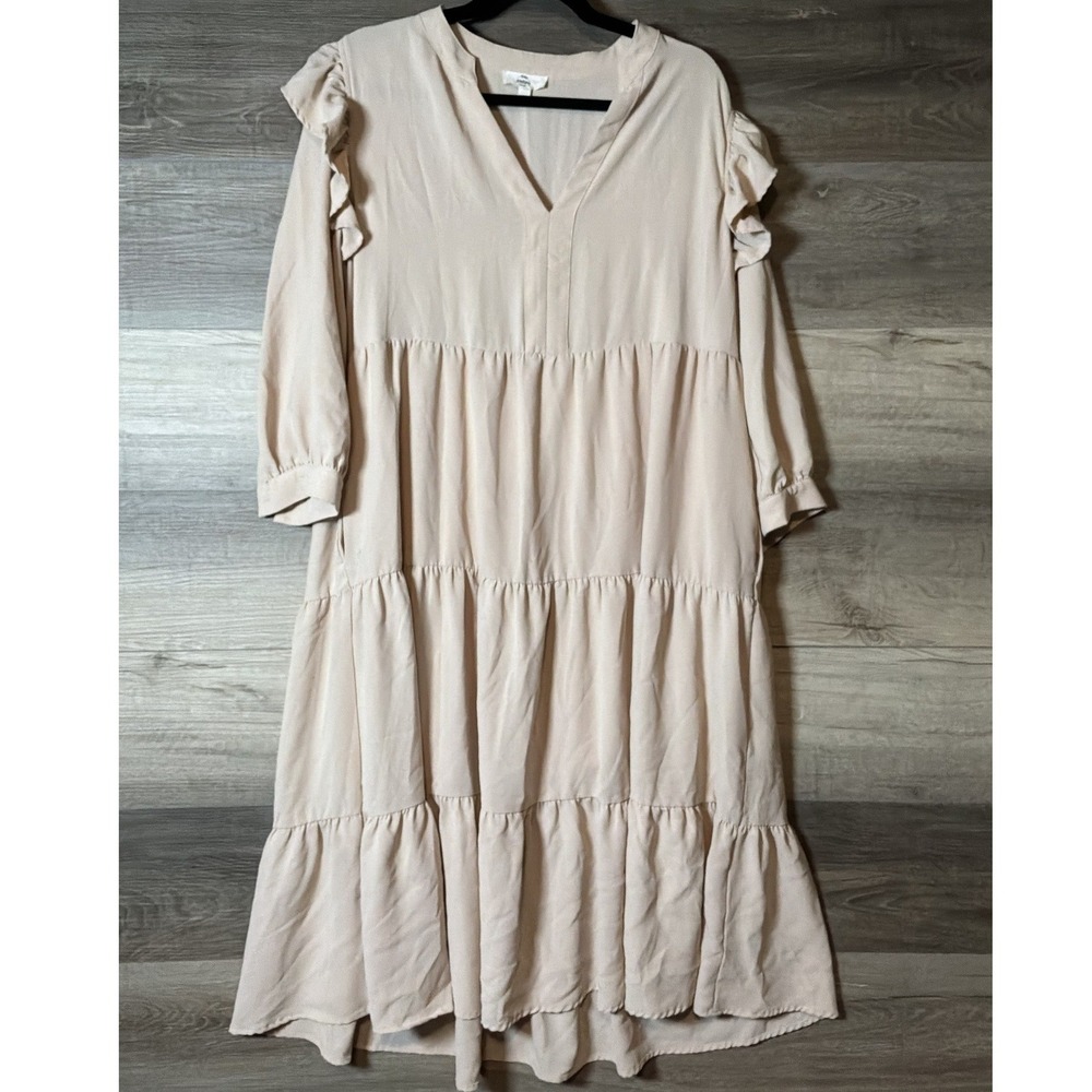 Entro Womens L Beige Tiered Midi Dress Ruffle Sleeve V Neck Boho High Low